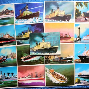 Conjunto de 16 cartões postais vintage soviéticos frota marítima URSS. Navios da Marinha quebra-gelo nuclear navio atômico navio petroleiro marinho colagem marítima