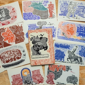 Set 16 SELTENE alte Sowjetische Postkarten Seiten militärischer Pracht. UdSSR Traveller Märchen Malerei Miniaturen Zeichnung Art Epic Bogatyrs Print