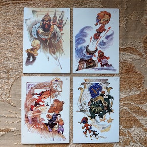 May include: Four vintage illustrated postcards featuring whimsical characters. The first postcard shows a man with a beard and a crown, the second shows a girl flying through the air, the third shows two people working on a clock, and the fourth shows a green creature with a crown.