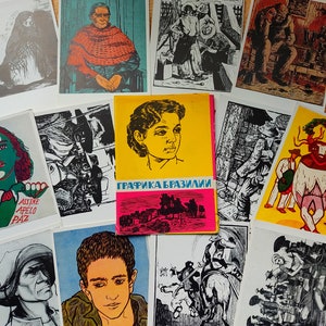 Conjunto de 12 cartões postais soviéticos vintage gráficos Brasil. Cartaz de viagem Herói Arte popular impressão aventura Povos étnicos tradicionais comunistas brasileiros