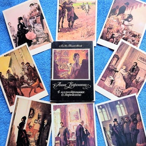 Conjunto completo RARO 16 Anna Karenina Vintage URSS Cartões postais Lev Tolstoy romance livros soviéticos Ilustração Cartão postal impressões retro arte pintura