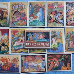 ZELDZAME Set 16 Sovjet ansichtkaarten USSR Bylina Ilya Muromets illustratie Kunst Etnische Palekh ansichtkaart bogatyr Paard Rusland USSR Epics Volkskunst
