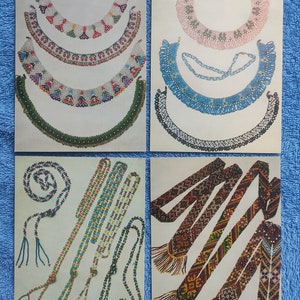 May include: Four images showcasing beaded necklaces and belts. The necklaces feature various designs, including colorful patterns and fringe. The belts are long and intricately beaded with geometric and floral motifs, and tassels.
