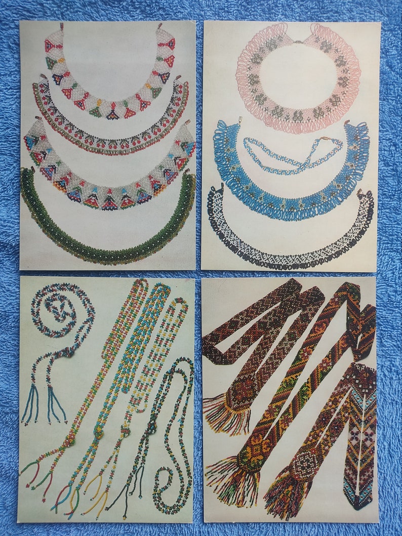 May include: Four images showcasing beaded necklaces and belts. The necklaces feature various designs, including colorful patterns and fringe. The belts are long and intricately beaded with geometric and floral motifs, and tassels.