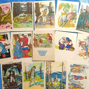 Conjunto de 13 postales vintage soviéticas Ilustraciones cuento de hadas ucraniano y de la URSS. Postal 1962 pintura popular Cuentos épicos Regalo para los amantes de la impresión