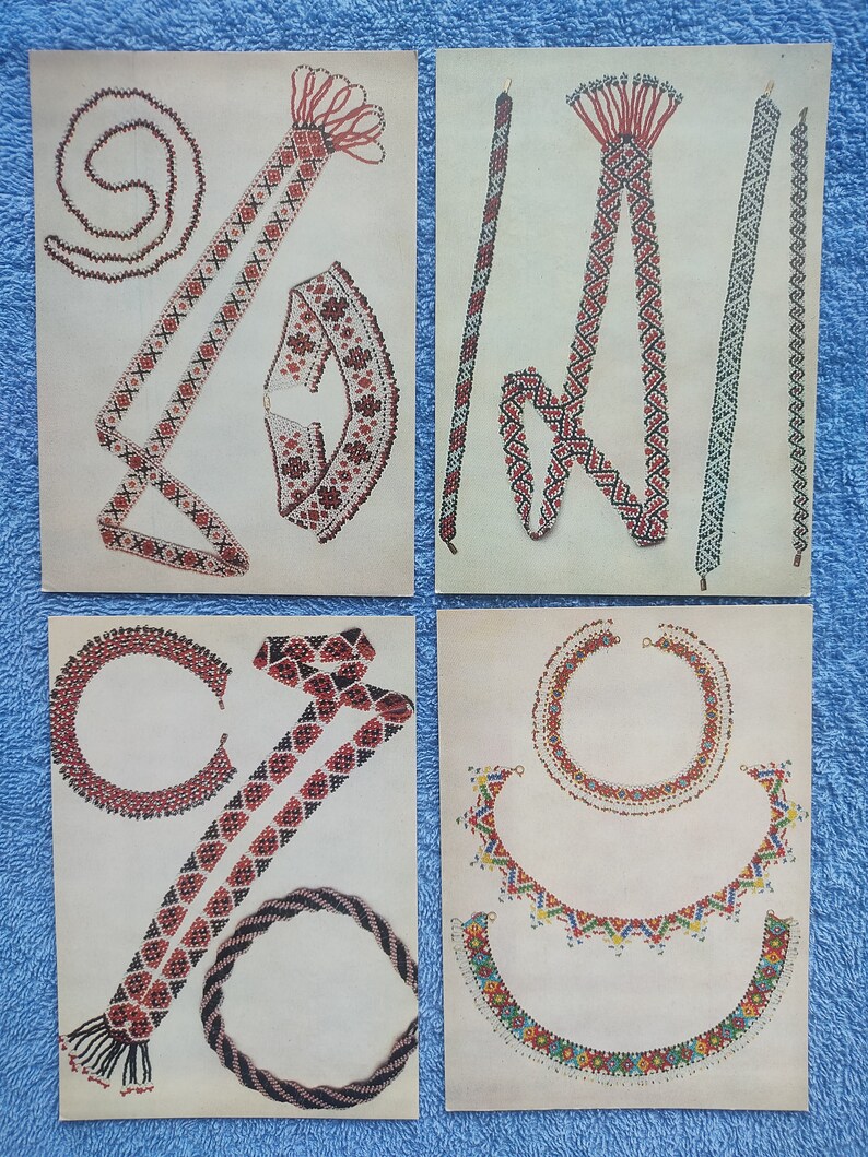 May include: Four vintage prints showcasing beaded jewelry designs. The pieces include necklaces, belts, and decorative elements, featuring red, black, and white beads. The designs are intricate, with geometric and floral patterns.
