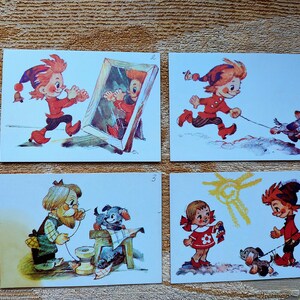 May include: Four vintage postcards featuring a cartoon character with red hair and a red and white outfit. The character is depicted in various scenes, including looking in a mirror, walking a dog, sewing, and playing with a dog.