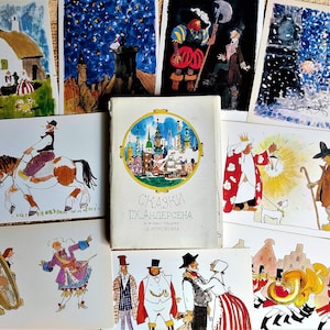 Oude Set van 32 Vintage Ansichtkaarten Sprookje Cartoons Avonturen Hans Christian Andersen Volksromans kunst print folklore Denemarken sprookje kinderen