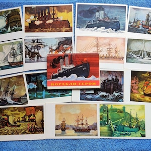 Conjunto de 15 cartões postais vintage soviéticos História URSS Navios Heróis. Frota marítima URSS Marinha quebra-gelo nuclear navio atômico Marinha Colagem marítima