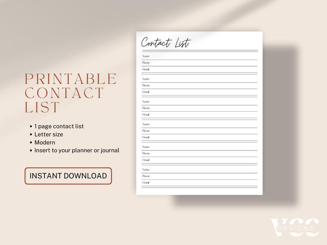 Printable Contact List / Downloadable / Letter Size / Planner Insert - Etsy