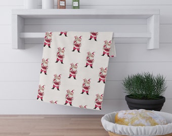 Pink Santa Christmas Dish Towel.  Modern vintage Christmas kitchen towel.  Christmas gift/ stocking stuffer