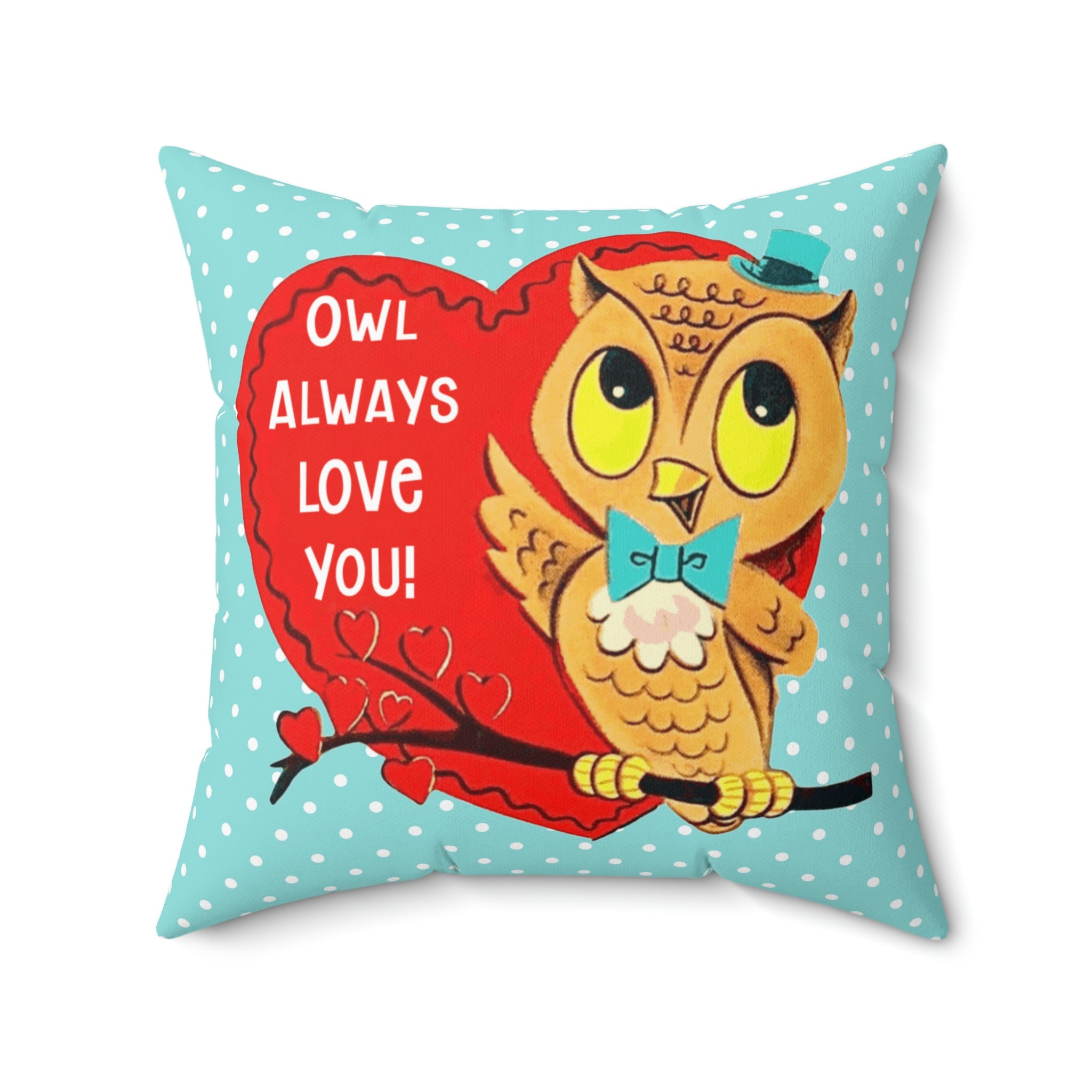 Owl valentine Polyester Square Pillow.  Modern vintage valentine decoration.  Valentines gifts.