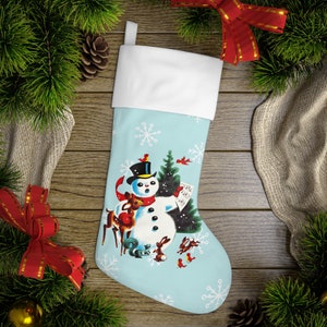 Vintage Snowman Christmas stocking, Christmas decoration, Modern vintage, Christmas gift.