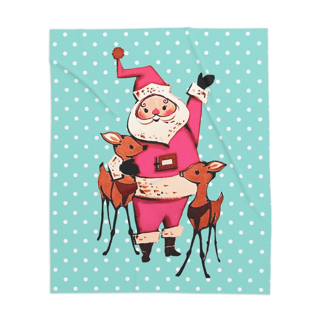 Pink Vintage Santa Sherpa Blanket, Modern Vintage Christmas Blanket