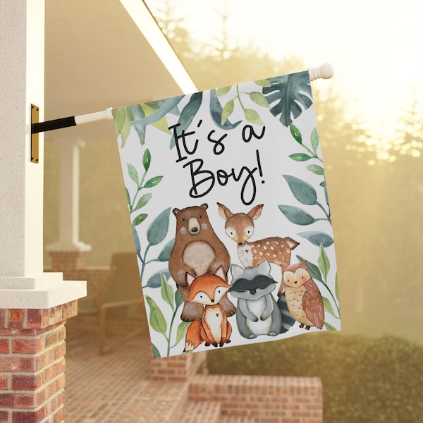 Its a boy woodland animals flag. Welcome flag. Woodland animals baby shower.  New baby announcement flag.