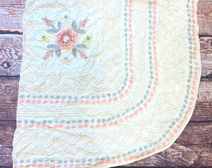 Vintage Chenille Bedspread Fabric. Large Piece, Chenille Flower, Pink