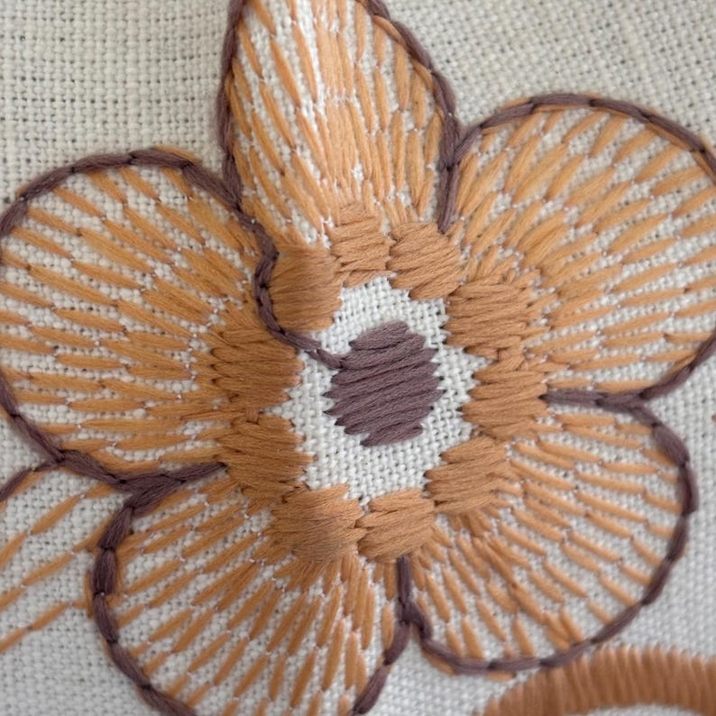Pode incluir: Um close-up de uma flor de cinco p&eacute;talas bordada em tecido branco off-white. As p&eacute;talas s&atilde;o costuradas com fio castanho-dourado com contornos castanho-escuros. O centro da flor apresenta um grupo circular de pontos horizontais castanho-escuros.