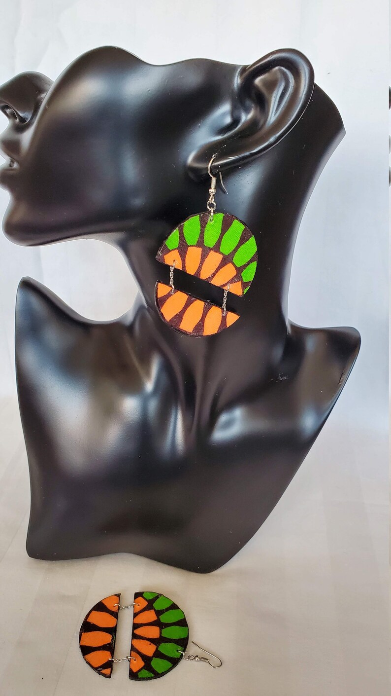 Boucles d'oreilles Echappé en tissu wax, Rouge et orange Vert et orange