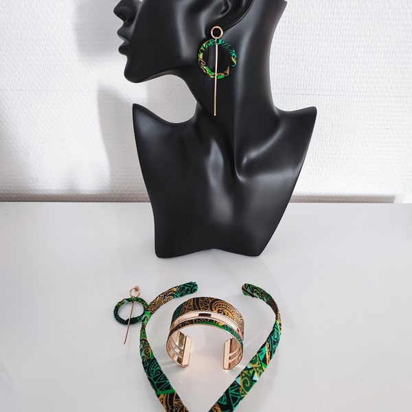 Parure Wax Vert, Collier wax, Boucles d'oreille wax, Bracelet manchette wax