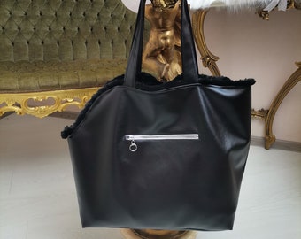 Bag with Fur for Dog Carrying Winter For Puppy Walking Warm Bag Dog Carrier Black Leather Pet Bag Dog Accessories Fashionable Bag
