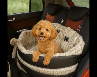 Dog Car Seat – Faux Leopard Fur & Vegan Leather | Custom Travel Bed for Small Dogs Handmade Luxury Car seat for dogs with fur leopard