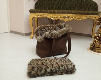 Bag for dog with fur leopard Warm bag for a dog Carrier for a Spitz Hundetasche mit Fell, warme Welpen-Tragetasche Bolso cachorros con pelo