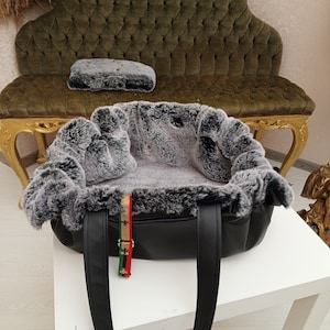 Hundetragetasche mit Chinchillafell (Kunstleder). Wintertasche für einen Welpen Bolsa hamaca para perros Bolsa con pelo de chinchilla muy suave (leyes