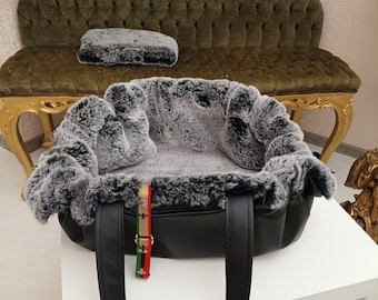Hundetragetasche mit Chinchillafell (Kunstleder). Wintertasche für einen Welpen Hängemattentasche für Hunde Tasche mit ganz weichen Chinchillafell (Gesetz