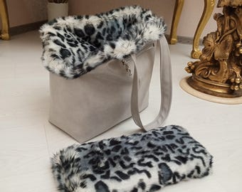 Luxury Dog Carrier Bag, Light Grey Faux Leather and Leopard Fur Travel Tote for Small Dogs up to 13kg Warme Hundetragetasche Welpentragetuch