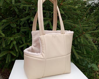 Luxury Quilted Dog Carrier Bag – Custom Teddy Fur Lining , Chic Cozy Pet Tote for Small Dogs Tragetasche für Hunde mit Fell Wärmetasche für