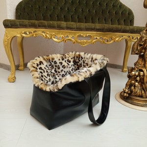 Sac de transport pour chiens avec fourrure de léopard Porte-chiot avec fourrure Sac de transport pour chihuahua Hundetragetasche Welpentragetasche Niesbeutel für den