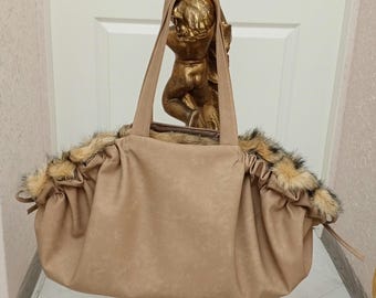 Dog Carrier Tote All-Season , Faux Fur and Leather Bag for Small Dogs , Converts to Mat or Bed , Custom Colors Pet Travel Tote and Mat