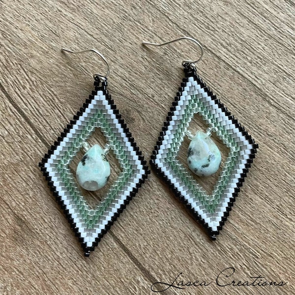 beaded earrings with kiwi jasper gemstone. Brick stitch jewelry. woven earrings. Sesame Jasper drop. Sea foam green beadwork. Ready to ship