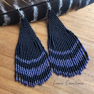 matte black and cobalt beaded fringe Earrings. seed bead jewelry. Minimalist jewelry gothic romance. matte jewelry. dark blue. MADE TO ORDER
