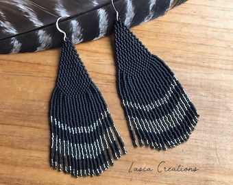 matte black and sage Beaded Fringe Earrings. Minimalist jewelry minimalist goth gothic romance matte jewelry READY TO SHIP dark green fringe