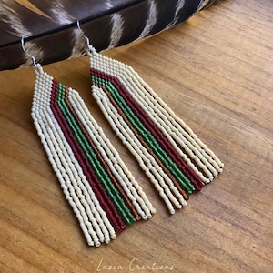 fall inspired Boho Beaded Earrings, fringe earrings, neutral beaded fringe, hippie vibe jewelry 70s earrings, gift for her. Handwoven in USA