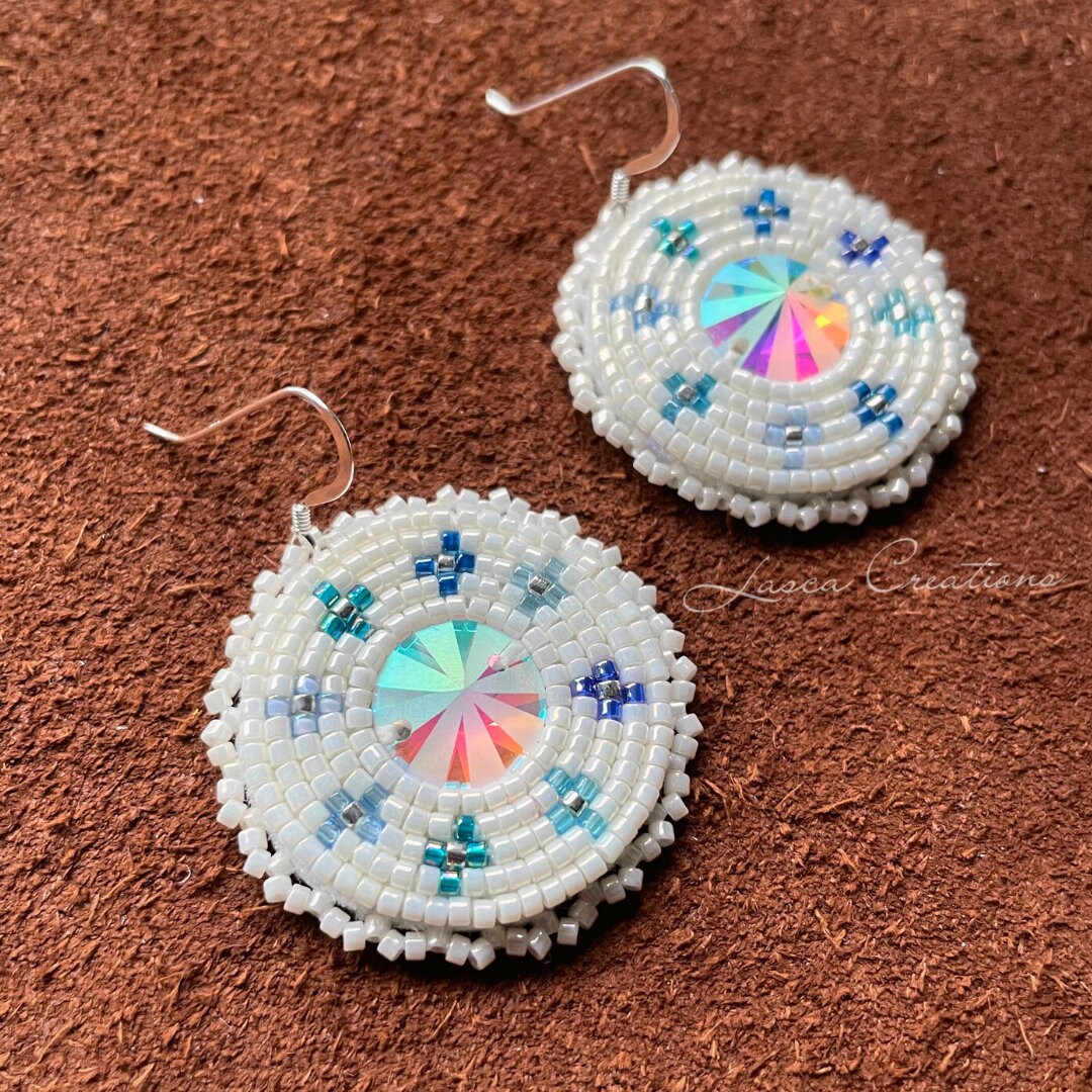 Blue and White Beaded Earrings. Seed Beads With Crystal Centers