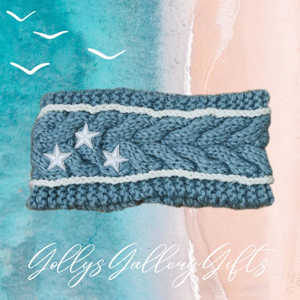 Knit Headband with White Star Patches - Light Blue Cardigan Inspired - Teen and Small Adult Size (with lining)