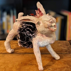 Ramona OOAK, Rabbit Art Doll, pink rabbit, punk bunny, Creepy rabbit, animal art doll, laughing rabbit, ballet bunny