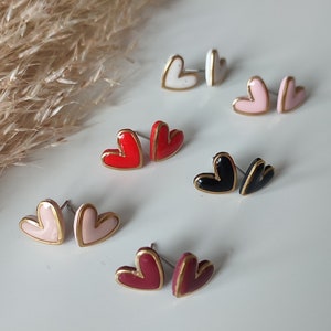Shiny Heart Stud Earrings | Handmade Clay Earrings | Gold Framed Heart Earrings | Stud Earrings | Everyday Stud Earrings | Gift for Her
