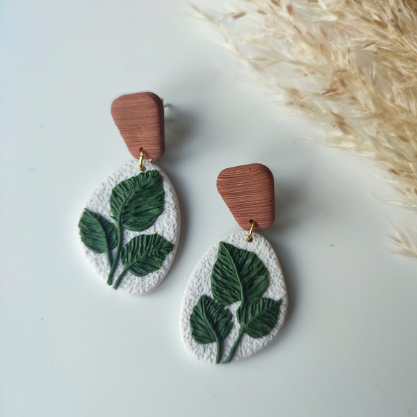 Leaf Dangle Earrings / Handmade Polymer Clay / Statement Earrings / Botanical Earrings