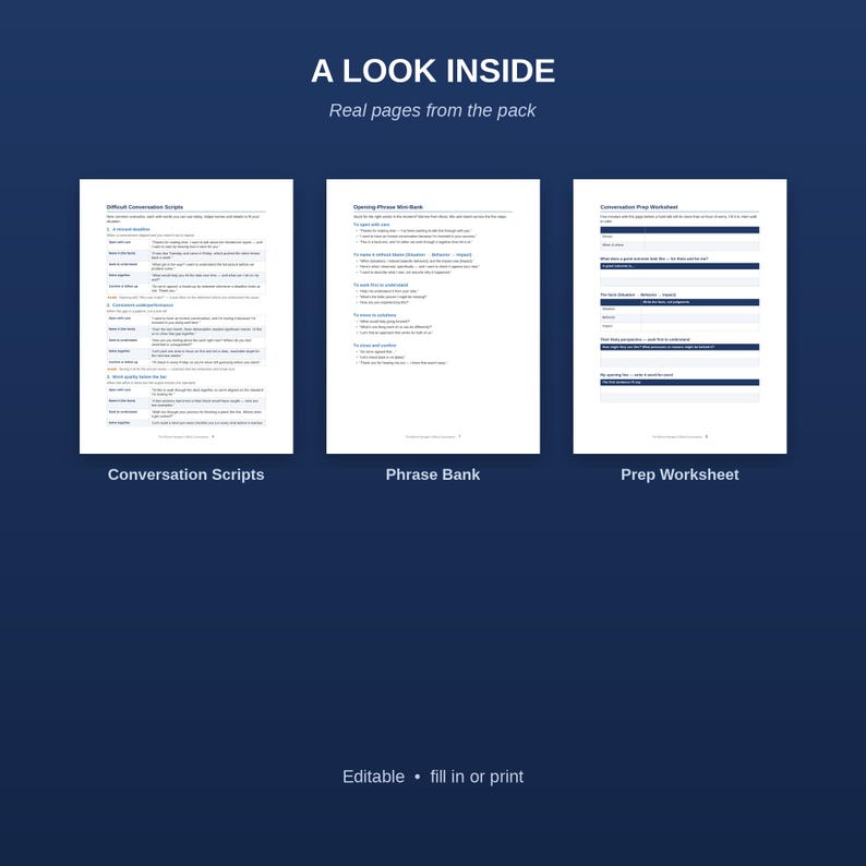 Peut inclure: Un aper&ccedil;u de document num&eacute;rique intitul&eacute; A LOOK INSIDE Real pages from the pack pr&eacute;sentant trois pages blanches intitul&eacute;es Conversation Scripts, Phrase Bank et Prep Worksheet avec du texte noir, finissant par Editable fill in or print.