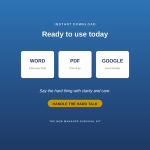 Peut inclure: Un ensemble de mod&egrave;les de documents num&eacute;riques sur fond bleu avec le texte INSTANT DOWNLOAD, Ready to use today, WORD Edit every field, PDF Print & go, GOOGLE Docs friendly, Say the hard thing with clarity and care, HANDLE THE HARD TALK, THE NEW MANAGER SURVIVAL KIT.
