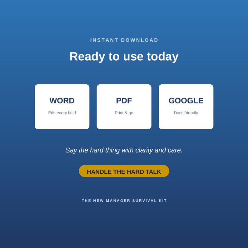 Peut inclure: Un ensemble de mod&egrave;les de documents num&eacute;riques sur fond bleu avec le texte INSTANT DOWNLOAD, Ready to use today, WORD Edit every field, PDF Print & go, GOOGLE Docs friendly, Say the hard thing with clarity and care, HANDLE THE HARD TALK, THE NEW MANAGER SURVIVAL KIT.