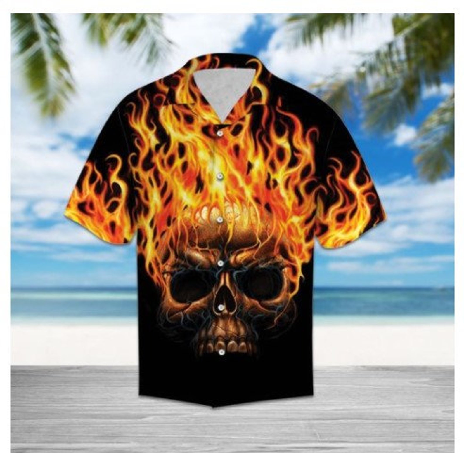 Limit Edition Fire Skull Button Down Hawaiian Shirt Street Etsy