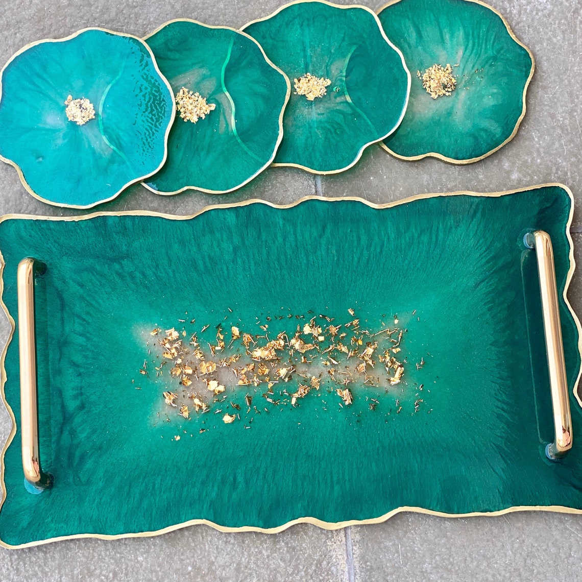 Resin Tray/ Emerald Green Tray & Coaster Set/ Resin Coasters/ Etsy