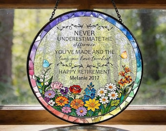 Customized Stained Glass Retirement Suncatcher, Personalized Floral Window Decor, Keepsake for Retired Coworker