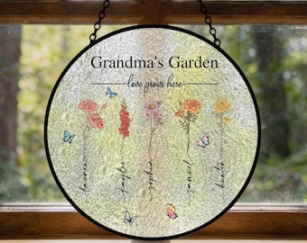 Grandma's Garden Stained Glass, Personalized Love Grows Here Suncatcher, Gift for Mom, Window Hanging