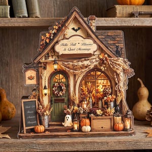 Décoration d'étagère personnalisée « Fleurs d'automne », bloc de bois « Maison d'automne », cadeau champêtre pour Thanksgiving, décoration d'étagère automnale, décoration de table