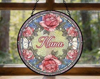Personalized Nana Floral Suncatcher, Stained Glass Sun Catcher, Custom Name Window Hanging, Grandma's Garden Suncatcher, Mother's Day Gift